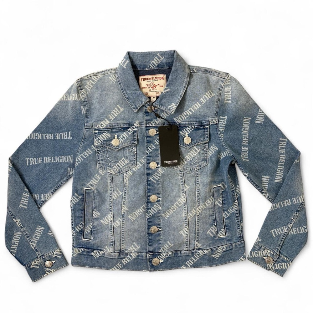 TRUE RELIGION All Over Print Logo Denim Jacket Womens Size Small NWT